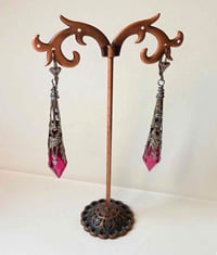 Image 4 of Vamp Ornate Pointed Earrings, Cerise & Gunmetal, Pierced or Clip On