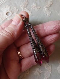 Image 3 of Vamp Ornate Pointed Earrings, Cerise & Gunmetal, Pierced or Clip On