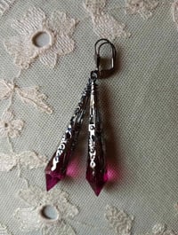 Image 6 of Vamp Ornate Pointed Earrings, Cerise & Gunmetal, Pierced or Clip On