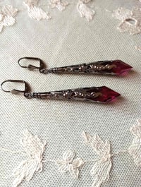 Image 1 of Vamp Ornate Pointed Earrings, Cerise & Gunmetal, Pierced or Clip On