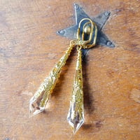 Image 3 of Vamp Ornate Pointed Earrings, Clear & Antique Gold, Pierced or Clip On