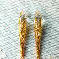Image 7 of Vamp Ornate Pointed Earrings, Clear & Antique Gold, Pierced or Clip On