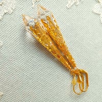 Image 9 of Vamp Ornate Pointed Earrings, Clear & Antique Gold, Pierced or Clip On