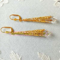 Image 1 of Vamp Ornate Pointed Earrings, Clear & Antique Gold, Pierced or Clip On