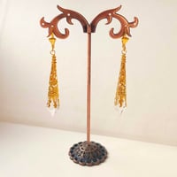 Image 4 of Vamp Ornate Pointed Earrings, Clear & Antique Gold, Pierced or Clip On