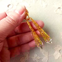 Image 2 of Vamp Ornate Pointed Earrings, Clear & Antique Gold, Pierced or Clip On