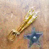 Image 8 of Vamp Ornate Pointed Earrings, Clear & Antique Gold, Pierced or Clip On