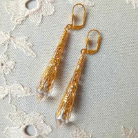 Image 5 of Vamp Ornate Pointed Earrings, Clear & Antique Gold, Pierced or Clip On