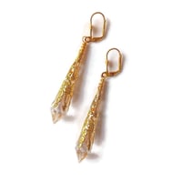 Image 10 of Vamp Ornate Pointed Earrings, Clear & Antique Gold, Pierced or Clip On