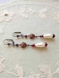 Image 3 of Renaissance copper filigree hearts long earrings handmade with red faceted & ivory glass pearl beads