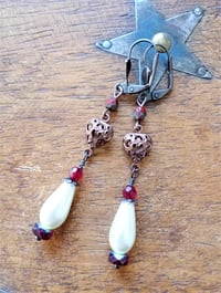 Image 5 of Renaissance copper filigree hearts long earrings handmade with red faceted & ivory glass pearl beads