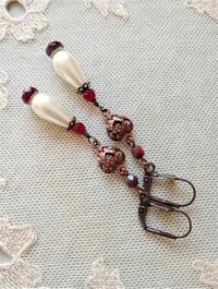 Image 8 of Renaissance copper filigree hearts long earrings handmade with red faceted & ivory glass pearl beads
