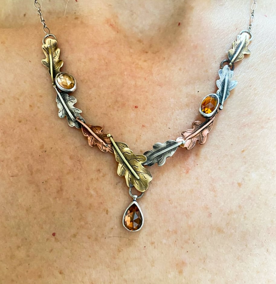 Image of Oregon White Oak Leaf Mixed Metal Zircon Necklace