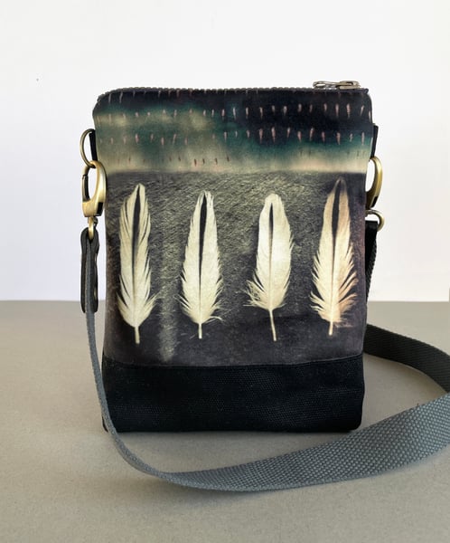 Image of Oystercatcher feathers, slim velvet shoulder bag with canvas crossbody strap