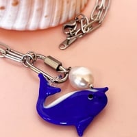 Image 3 of Dolphin and Pearl Carabiner Necklace - Gold or Stainless