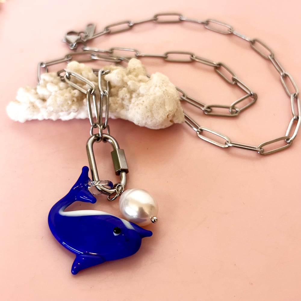 Image of Dolphin and Pearl Carabiner Necklace - Gold or Stainless