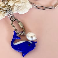 Image 2 of Dolphin and Pearl Carabiner Necklace - Gold or Stainless