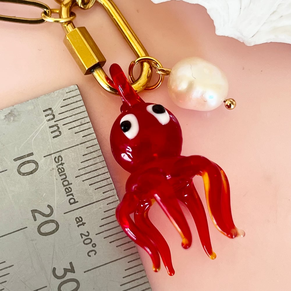 Image of Red Octopus and Pearl on a Carabiner Chain - Gold or Stainless