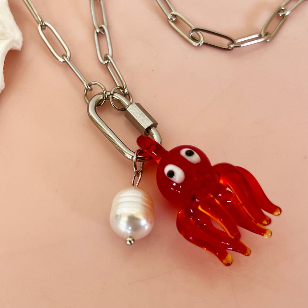 Image of Red Octopus and Pearl on a Carabiner Chain - Gold or Stainless