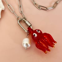 Image 3 of Red Octopus and Pearl on a Carabiner Chain - Gold or Stainless