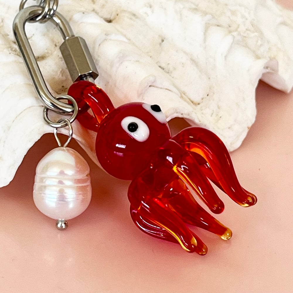 Image of Red Octopus and Pearl on a Carabiner Chain - Gold or Stainless