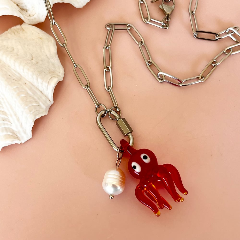 Image of Red Octopus and Pearl on a Carabiner Chain - Gold or Stainless