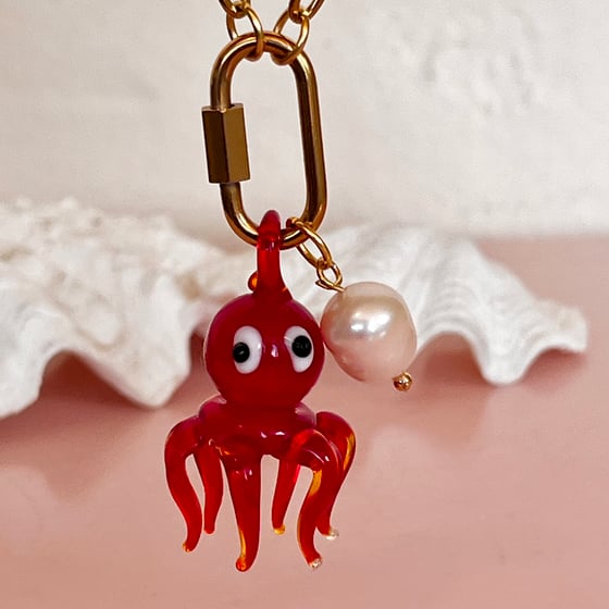 Image of Red Octopus and Pearl on a Carabiner Chain - Gold or Stainless