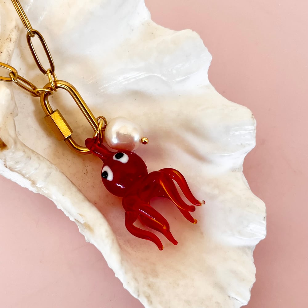 Image of Red Octopus and Pearl on a Carabiner Chain - Gold or Stainless