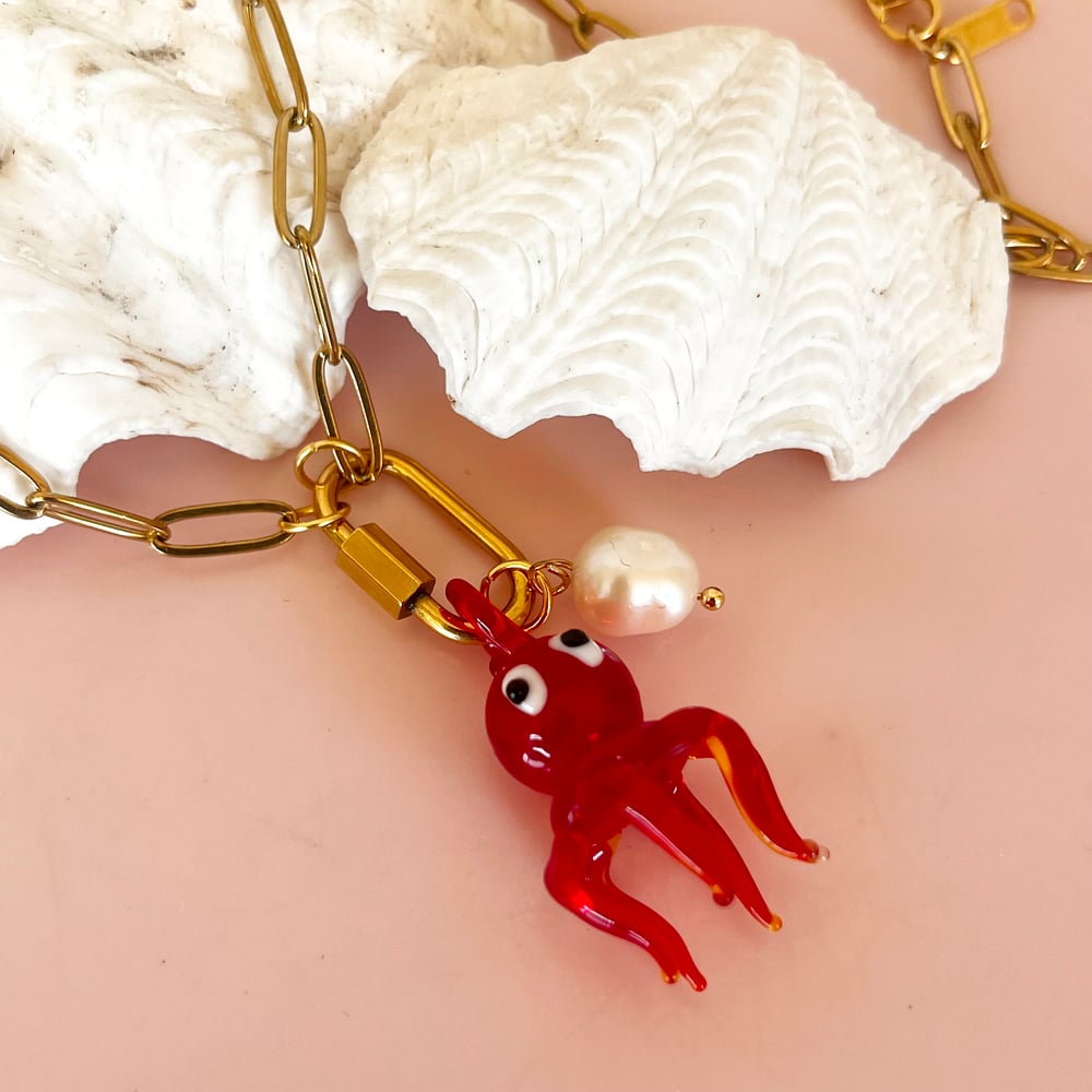 Image of Red Octopus and Pearl on a Carabiner Chain - Gold or Stainless