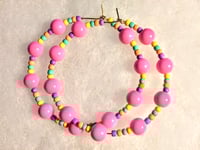 Image 8 of Carnation Pink, Lavender, Orange, Blue, and Yellow Multicolor Beaded Medium Hoop Earrings