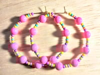 Image 1 of Carnation Pink, Lavender, Orange, Blue, and Yellow Multicolor Beaded Medium Hoop Earrings