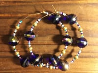 Image 4 of Sapphire Blue Multi, Pink, Ocean Blue, and Gold Multicolor Beaded Medium Hoop Earrings