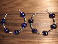 Image 3 of Sapphire Blue Multi, Pink, Ocean Blue, and Gold Multicolor Beaded Medium Hoop Earrings