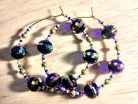 Image 1 of Sapphire Blue Multi, Pink, Ocean Blue, and Gold Multicolor Beaded Medium Hoop Earrings