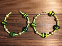 Image 3 of Deep Blue-Yellow Multi, Lime Green, and Gold Multicolor Beaded Medium Hoop Earrings