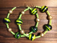 Image 4 of Deep Blue-Yellow Multi, Lime Green, and Gold Multicolor Beaded Medium Hoop Earrings