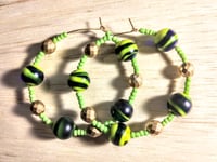 Image 1 of Deep Blue-Yellow Multi, Lime Green, and Gold Multicolor Beaded Medium Hoop Earrings