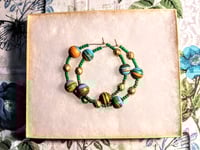 Image 7 of Orange-Blue Multi, Leaf Green, and Gold Multicolor Beaded Medium Hoop Earrings