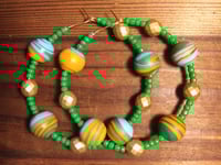 Image 4 of Orange-Blue Multi, Leaf Green, and Gold Multicolor Beaded Medium Hoop Earrings