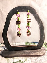 Image 6 of Brown-Yellow-Pink Multi, Lime Green, and Pink Multicolor Beaded Large Hoop Earrings