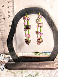 Image 5 of Brown-Yellow-Pink Multi, Lime Green, and Pink Multicolor Beaded Large Hoop Earrings