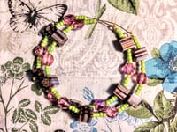 Image 9 of Brown-Yellow-Pink Multi, Lime Green, and Pink Multicolor Beaded Large Hoop Earrings