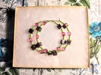 Image 7 of Brown-Yellow-Pink Multi, Lime Green, and Pink Multicolor Beaded Large Hoop Earrings