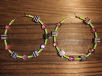 Image 3 of Brown-Yellow-Pink Multi, Lime Green, and Pink Multicolor Beaded Large Hoop Earrings