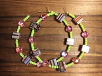 Image 4 of Brown-Yellow-Pink Multi, Lime Green, and Pink Multicolor Beaded Large Hoop Earrings