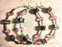 Image 1 of Brown-Yellow-Pink Multi, Lime Green, and Pink Multicolor Beaded Large Hoop Earrings