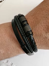 Image 1 of Men's Black Leather Bracelet by Tmonte71 