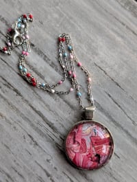 Image 1 of Pink and red round cabochon fluid art pendant necklace 