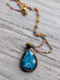 Image 2 of Blue teardrop cabochon fluid art necklace pendant 