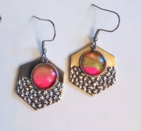 Hot pink octagon fluid art cabochon dangle earrings 